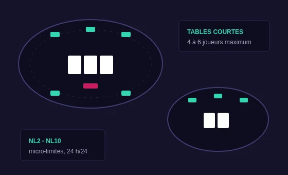 Vue de dessus de deux tables de poker en ligne avec cartes et jetons